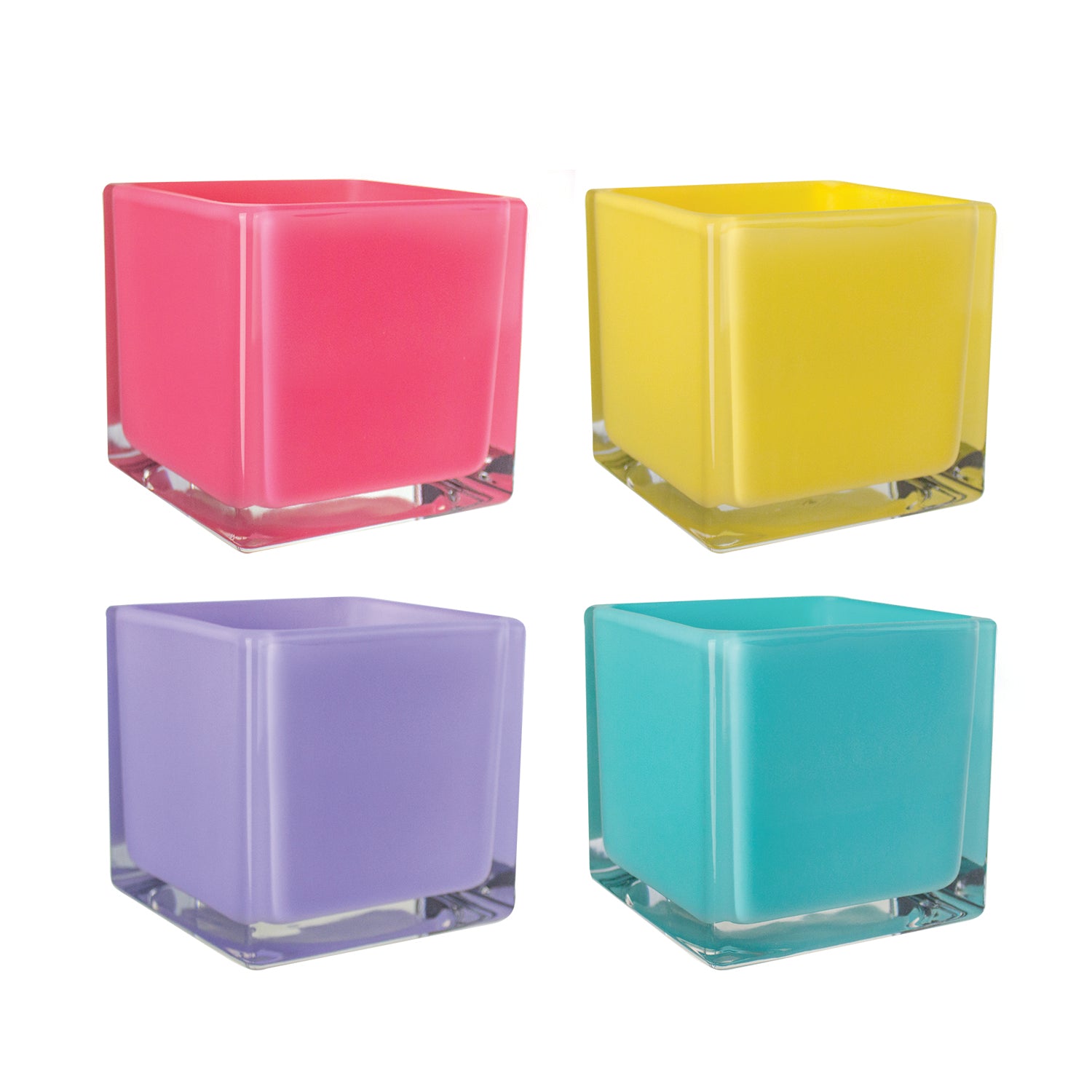 46 & Spruce colored opaque lollipop square glass vase assortment set of 4, featuring vibrant pink, yellow, blue, and green vases, perfect for adding a playful touch to any decor.