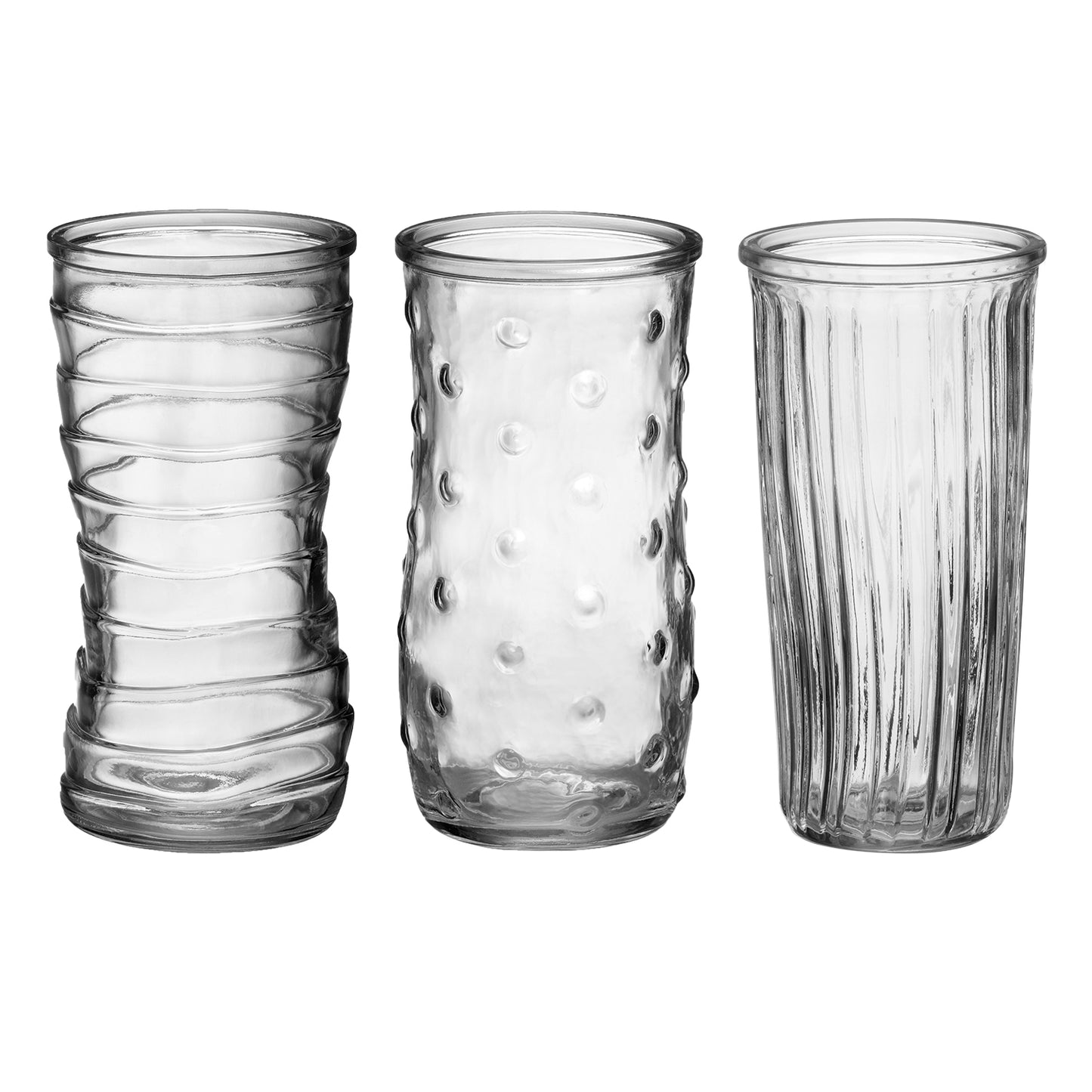 46 & Spruce 8.5-inch textured rose glass vase assortment, featuring three clear vases with unique textured designs, perfect for stylish floral arrangements.