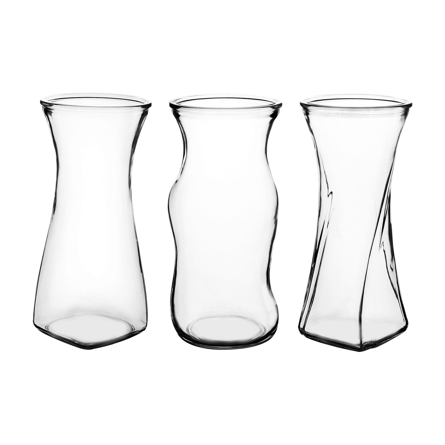 46 & Spruce rose glass vase assortment, featuring three clear vases with elegant and unique shapes, perfect for stylish floral arrangements.