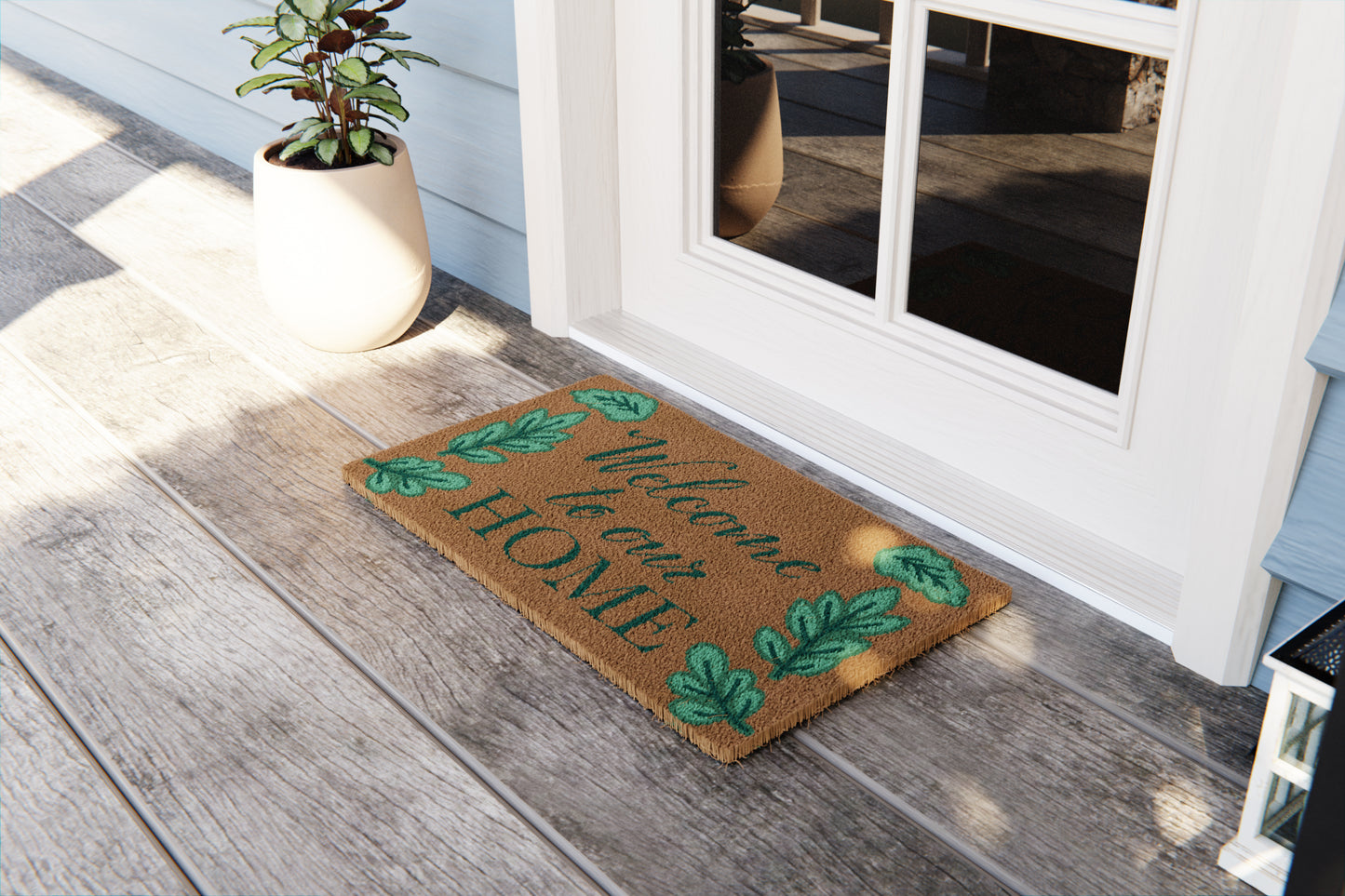 'Welcome' Green Leaves Doormat, Natural Coir Mat