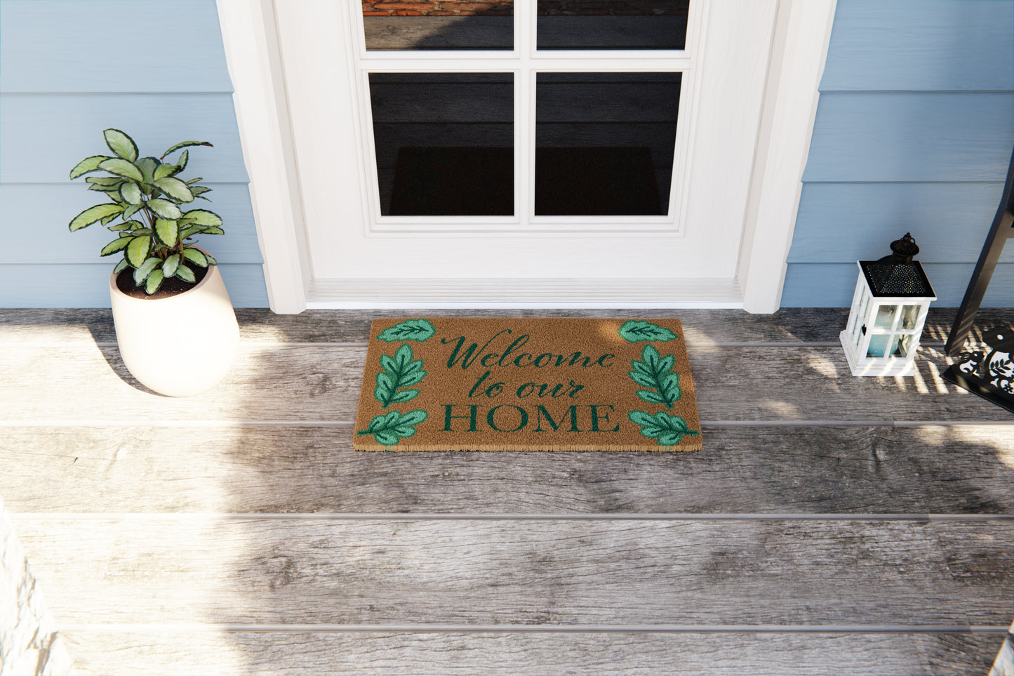 'Welcome' Green Leaves Doormat, Natural Coir Mat