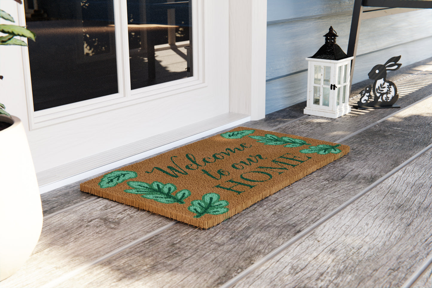 'Welcome' Green Leaves Doormat, Natural Coir Mat