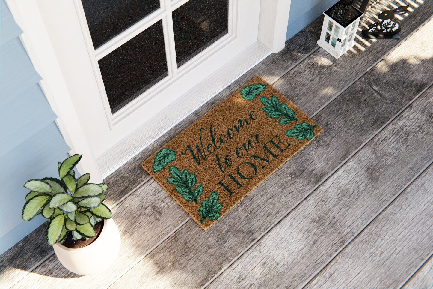 'Welcome' Green Leaves Doormat, Natural Coir Mat