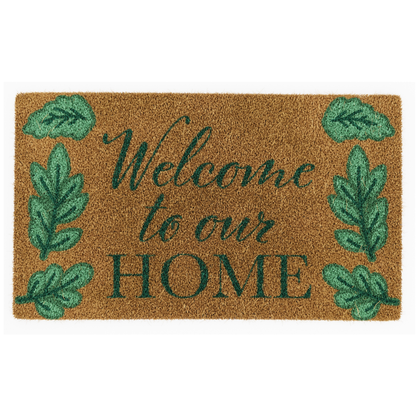 'Welcome' Green Leaves Doormat, Natural Coir Mat