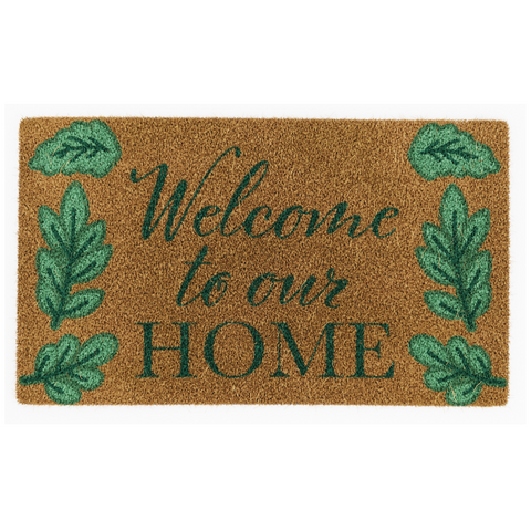 'Welcome' Green Leaves Doormat, Natural Coir Mat